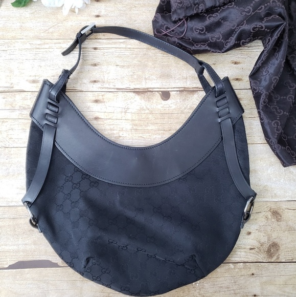 GucciGg Monogram Supreme Half MoonCrescent Shoulder Black LeatherCanvas Hobo - Picture 1 of 8